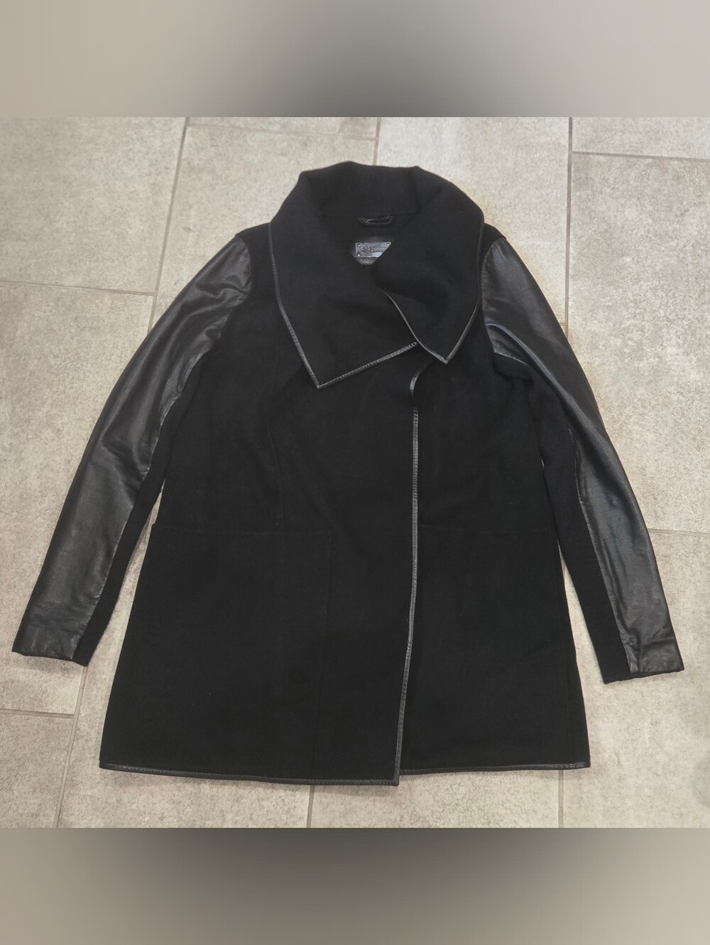 Mackage Wool Coat Large L Black Leather Sleeves Shawl Collar Asymmetrical Jacket